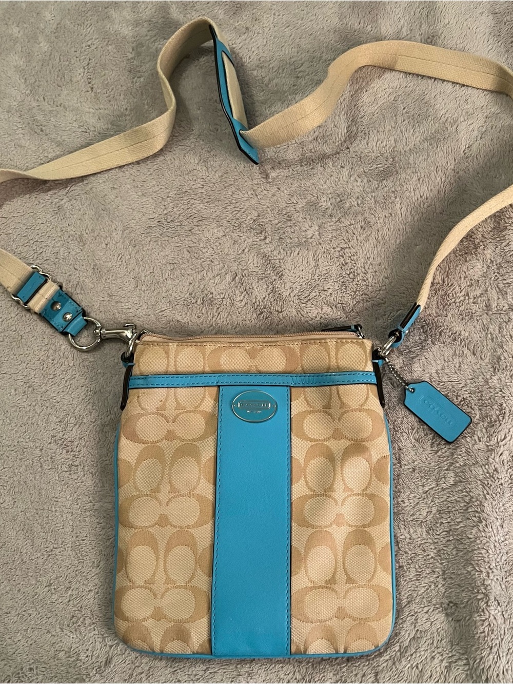 Coach Beige Signature Crossbody with Turquoise Trim